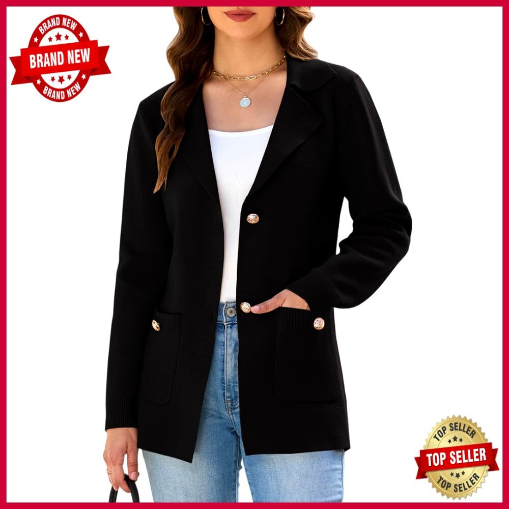 Stretchy Rayon Blazer Cardigan Button Front Lapel Pockets Business Casual